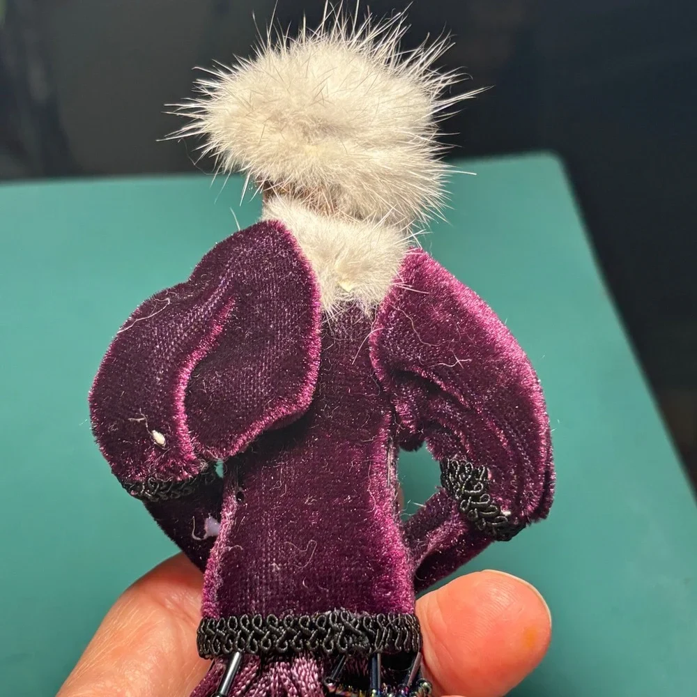Drape Tassel Doll Ornament Purple Velvet Porcelain Victorian Faux Fur 11.5
